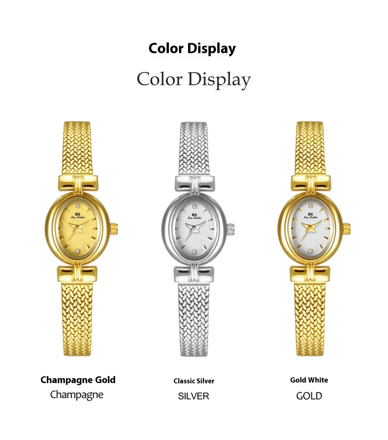 Three elegant vintage mesh bracelet watches with diamond accents featuring mesh bands and matching metallic cases in champagne gold, classic silver, and gold white finishes.