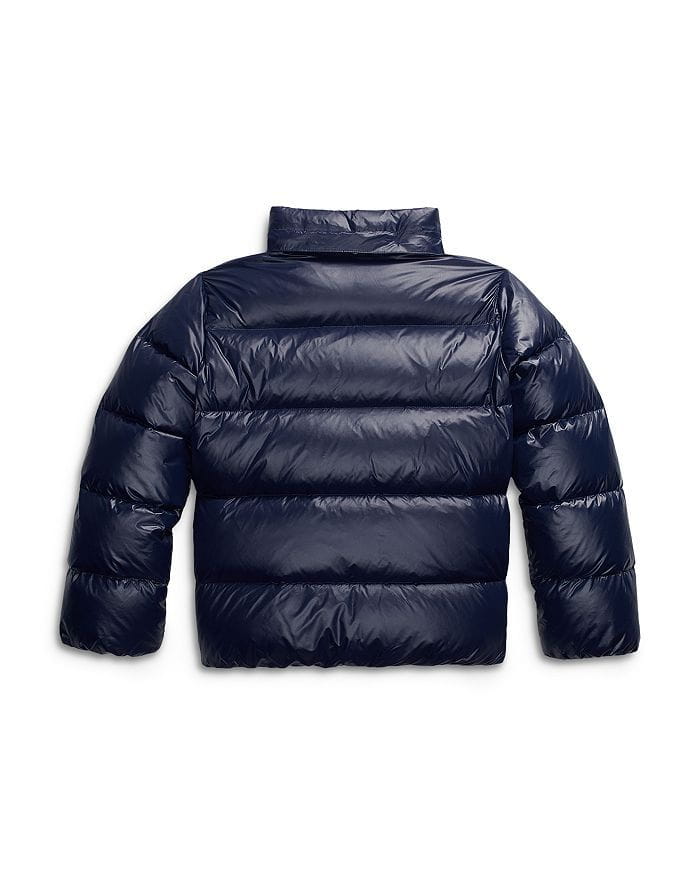 Dark navy blue cotton puffer jacket featuring a quilted design and stand-up collar.