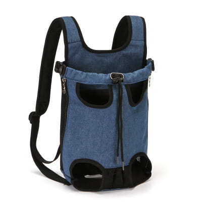 Blue denim breathable pet carrier backpack with black accents and multiple openings for visibility designed for small dogs and cats.