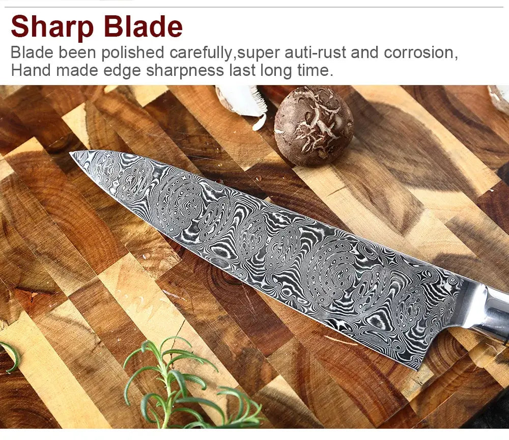 Cuchillo de chef elegante de acero damasco de Damasco con hoja de patrón ondulante plateado y negro y mango de madera con resina azul.