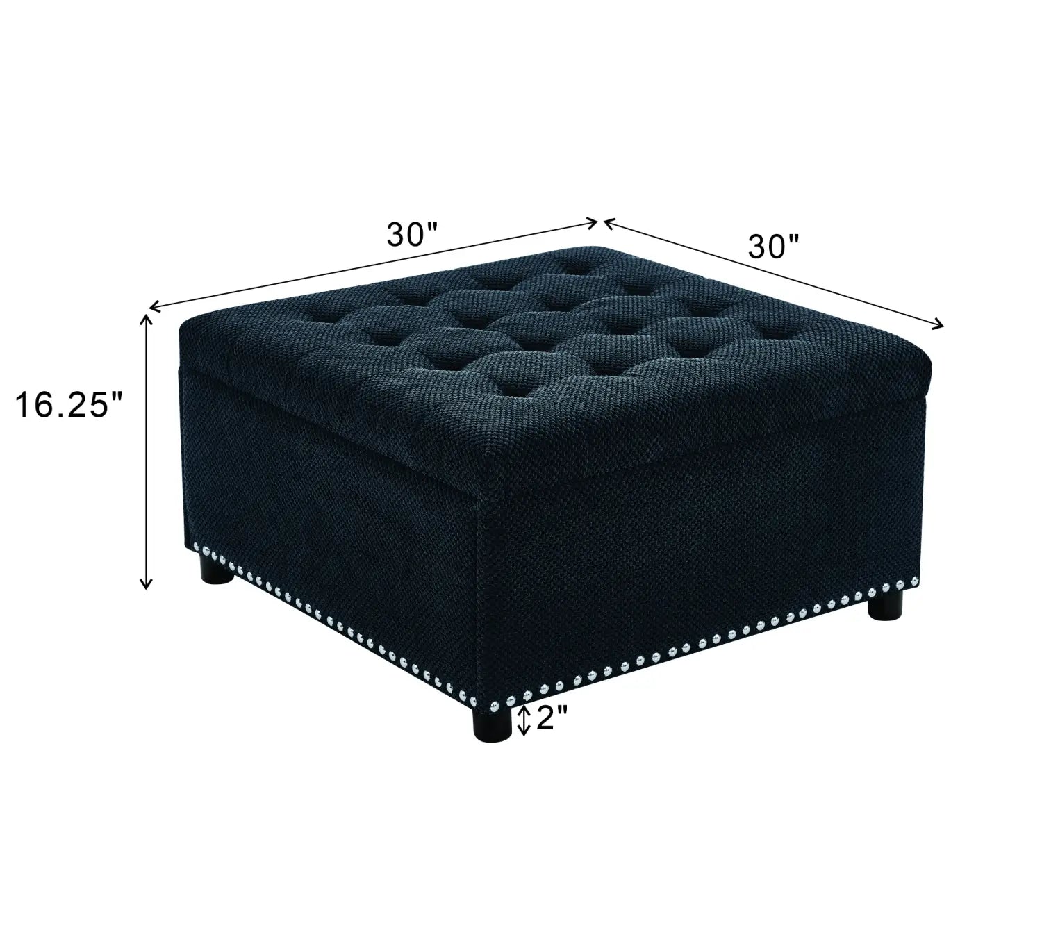 Black tufted storage ottoman with nailhead trim and a lift-top storage compartment for convenient organization.