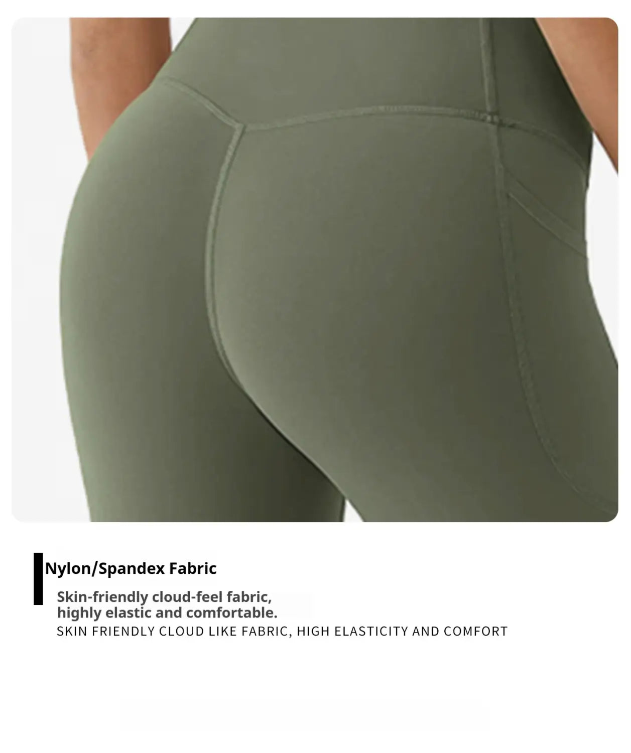 Olivegrüne Yoga-Hose mit hoher Taille und Taschen hinten aus Nylon-Spandex gefertigt, entworfen für bequeme Sportbekleidung