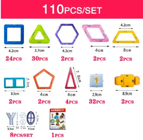 L’image montre 110 blocs de construction magnétiques translucides colorés en bleu, vert, rose, jaune, orange et rouge, fabriqués en plastique pour l’ensemble de jouets éducatifs en blocs de construction magnétiques de 164 pièces.