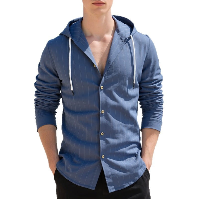 Blaues Nadelstreifen-Slim-Fit-Kapuzen-Leinenhemd für Herren mit weißen Kordeln und goldfarbenen Knöpfen