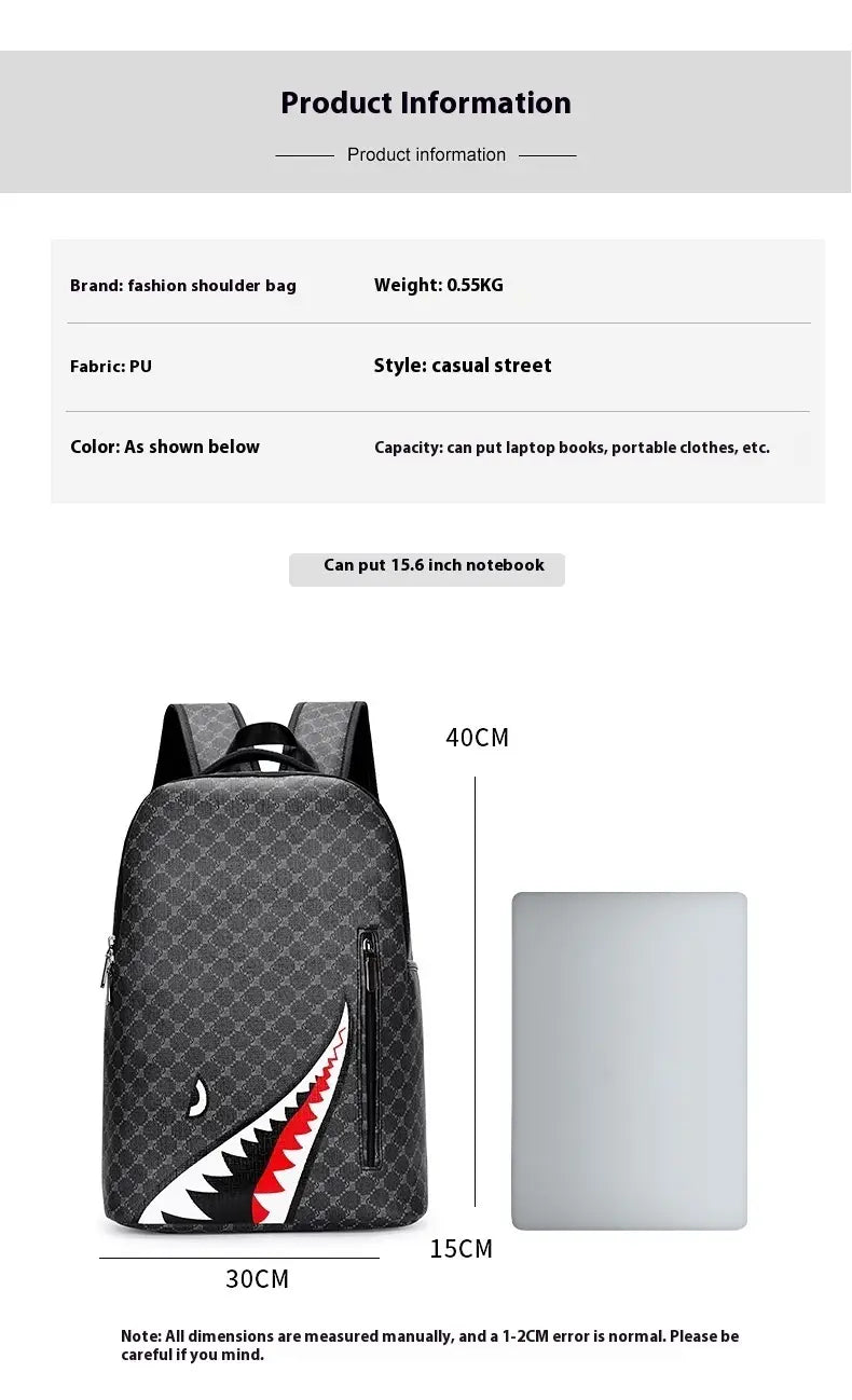 Black pu shark backpack with large capacity features a bold shark mouth design in white red and black for geometric business use.