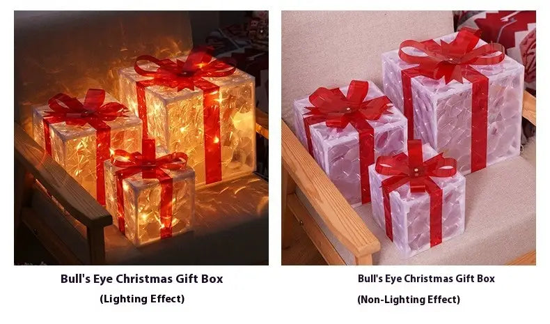 clear illuminated led christmas gift boxes with red glitter bows and ribbons designed for festive decoration