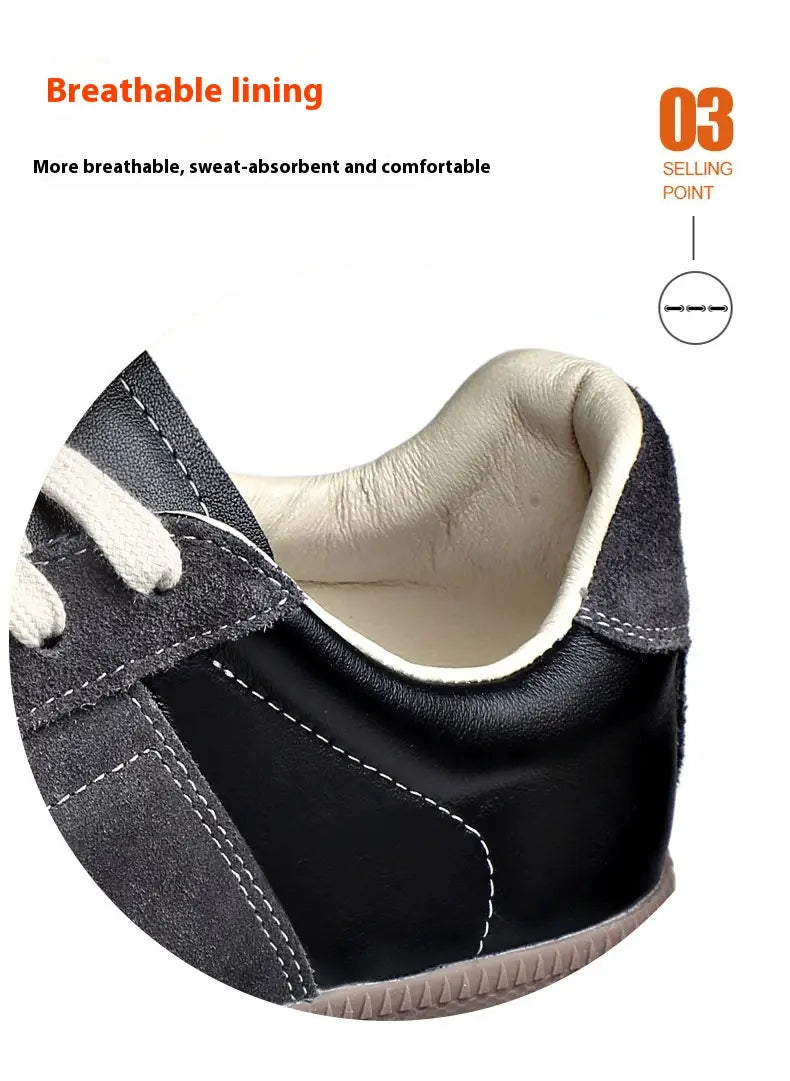 Schwarze Veloursleder- und Leder-Trainingsschuhe für Herren aus Deutschland, Herren-Leder-Casual-Sneaker mit weißen Schnürsenkeln und atmungsaktivem beigem Innenfutter.