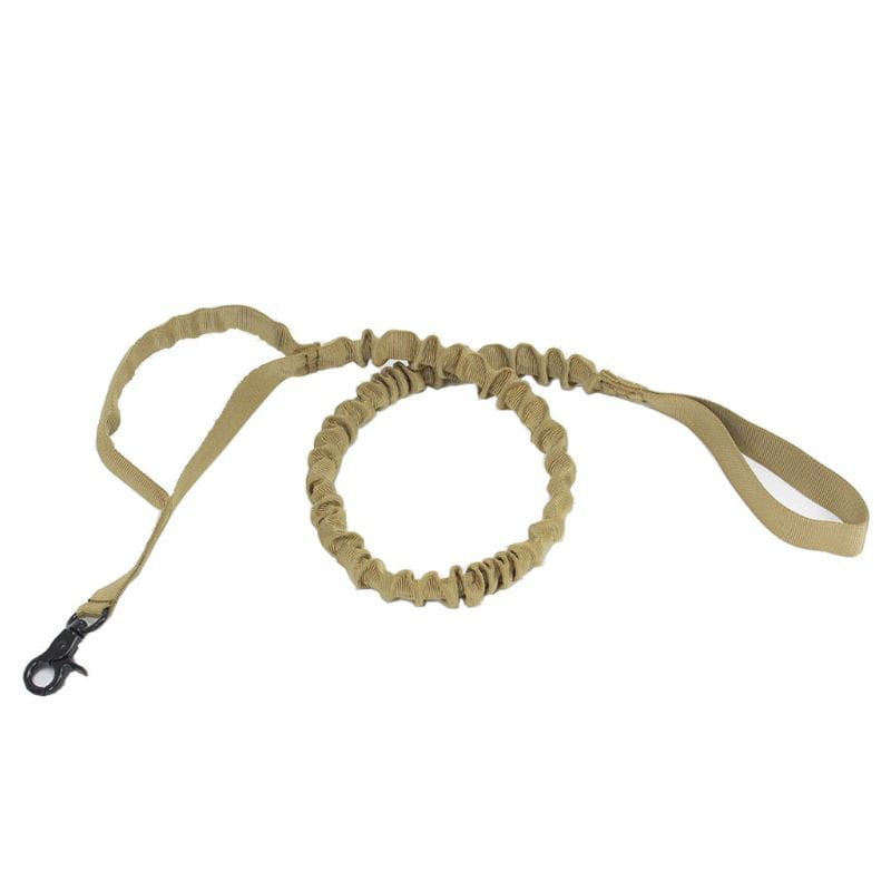 tan tactical dog leash with black metal clip and elasticated camouflage bungee sections for flexible pet lead use