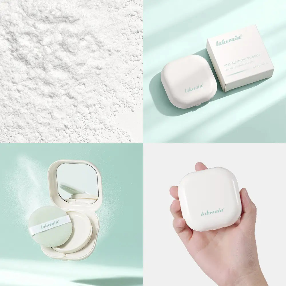 boîte de poudre compacte blanche avec couvercle miroir et finition au toucher doux, conçue pour la boîte de pose réglante Lakerain à effet de flou doux destinée à la poudre libre.