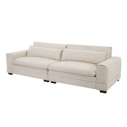 beigefarbene gepolsterte Mid-Century-Modern-4-Sitzer-Fabric-Sektionsecke mit klaren Linien und dunklen Holzbeinen, mit einer Breite von 105 Zoll.