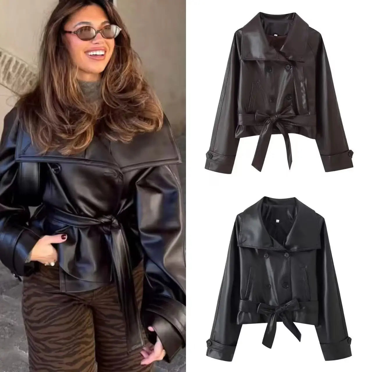 black faux leather cropped jacket with wide collar and tied waistband as part of faux leather double breasted belted trench coat collection