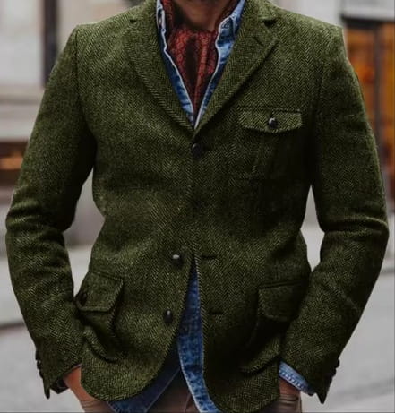 Men herringbone slim fit suit jacket in olive green textured wool with buttoned flap pockets and a classic double-breasted design.