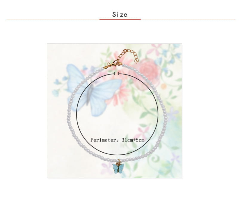 Elegant pearl butterfly charm choker necklace featuring a delicate pearl strand with a small blue butterfly pendant and gold-toned hardware.