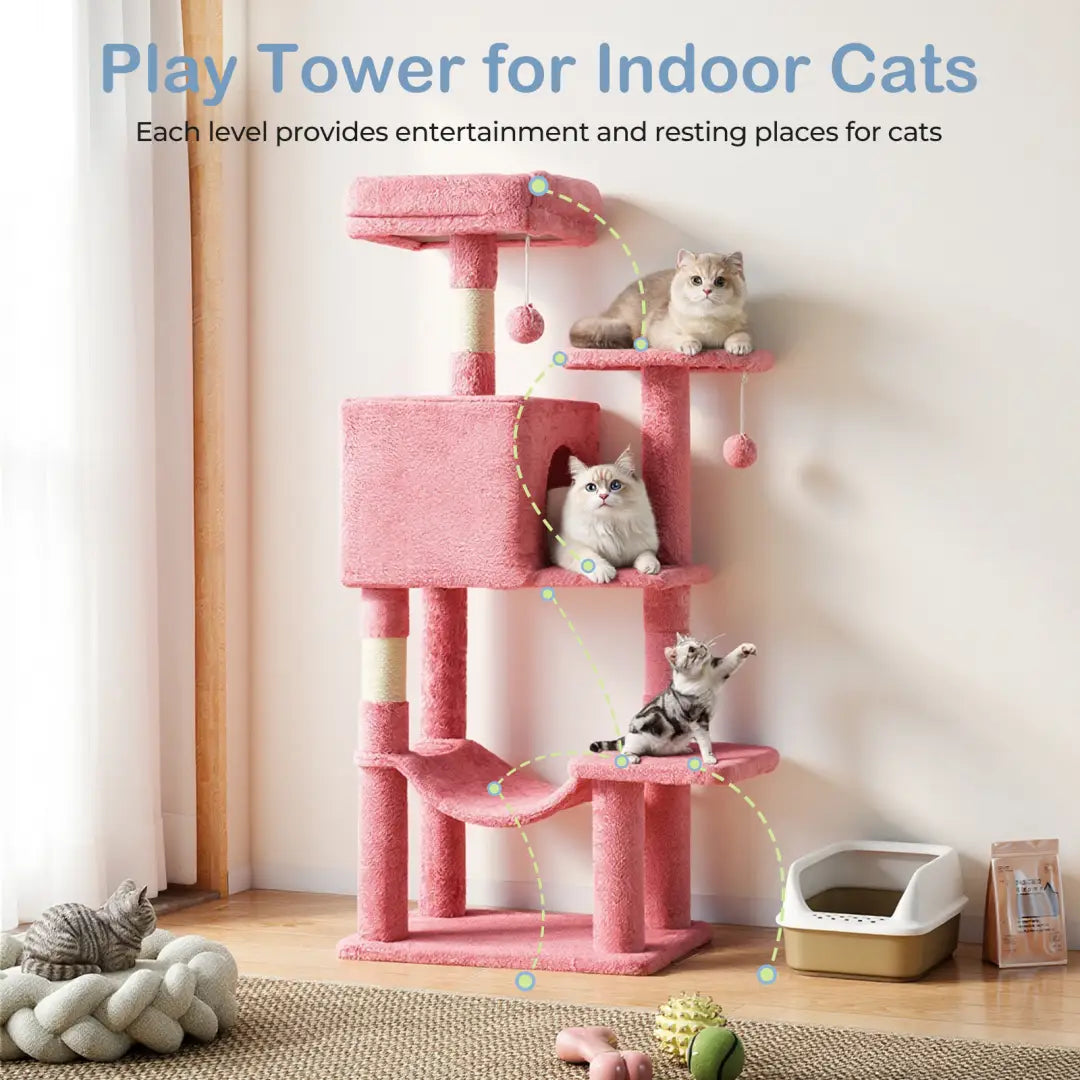 pink 44 inch multi-level indoor cat tree tower featuring soft carpeted platforms and sisal scratching posts for cats to climb and play on