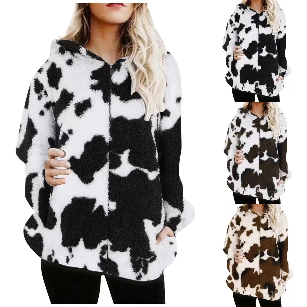 Sudadera con capucha tipo forro polar con estampado de vaca negro y blanco, con una textura acolchada y un frente con cremallera para abrigar y brindar comodidad.