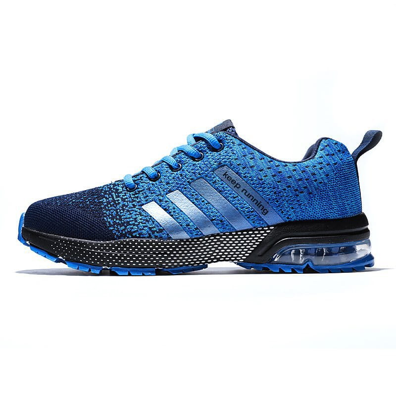 Men’s air cushion knit running sneakers in blue with silver stripes and a transparent air cushion sole for large sizes.
