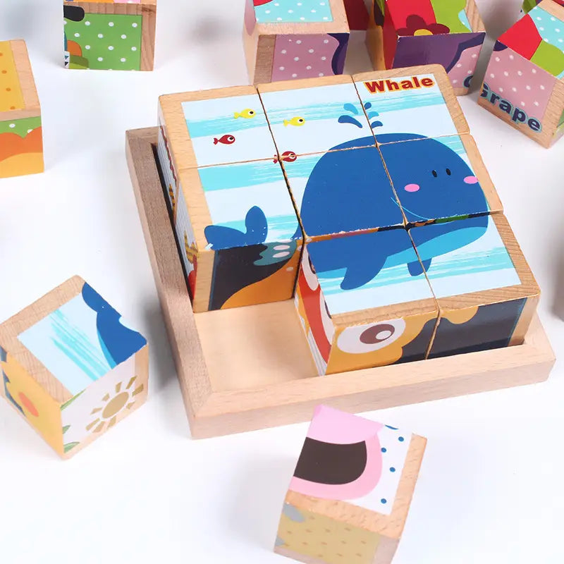 jeu éducatif précoce en cube à puzzle en bois 6 en 1, présentant une baleine de dessin animé bleue avec des motifs colorés sur le thème de l’océan et des bords en bois