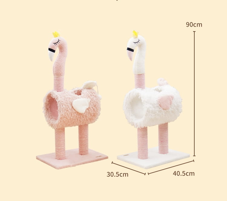 árboles para gatos de peluche con forma de flamenco rosa y blanco, con texturas suaves y esponjosas y patas envueltas en sisal, diseñados como postes rascadores y nidos.