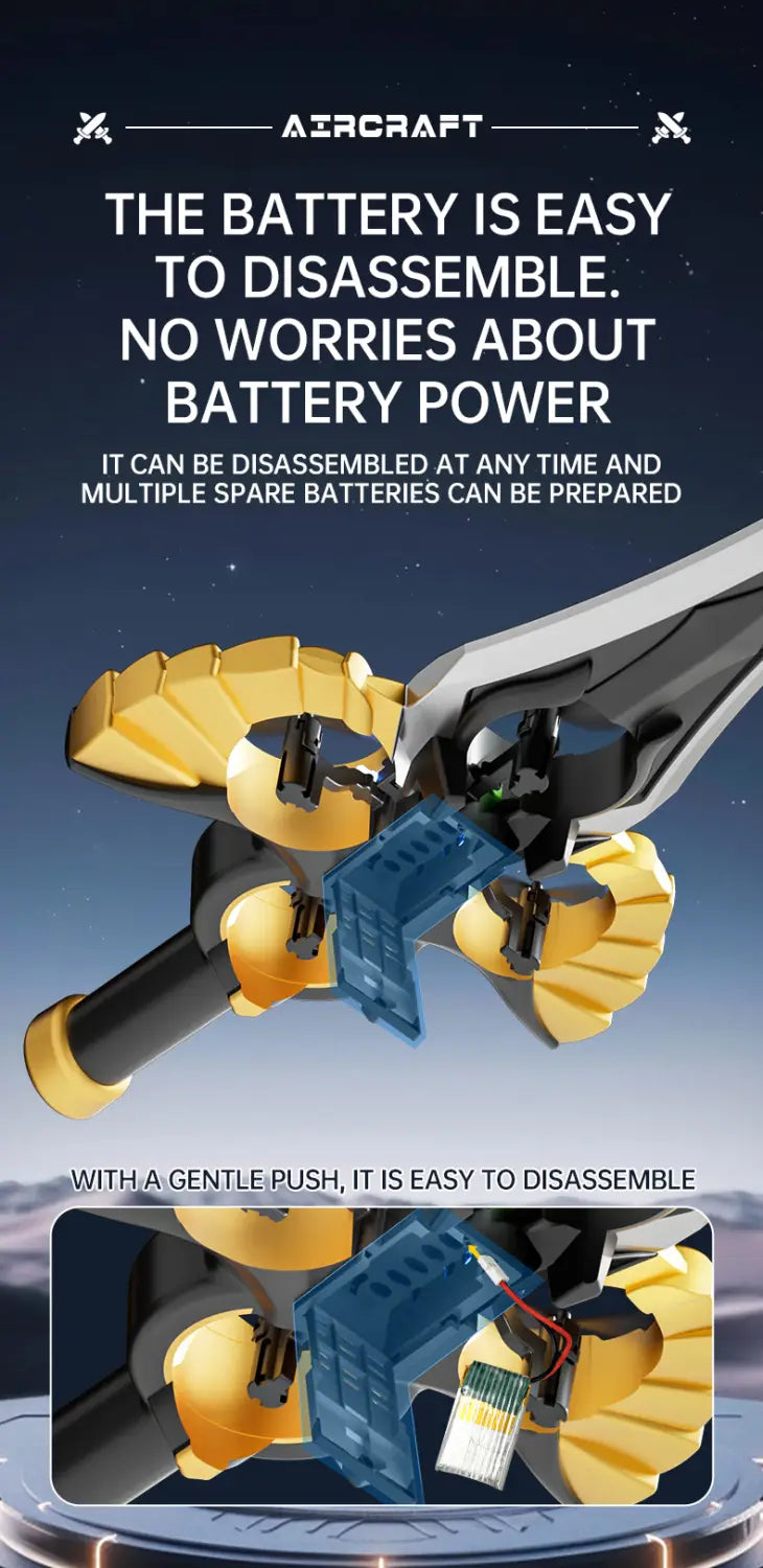 A sleek flying sword drone gold robot kids toy with golden wings, a black body, and blue internal components.