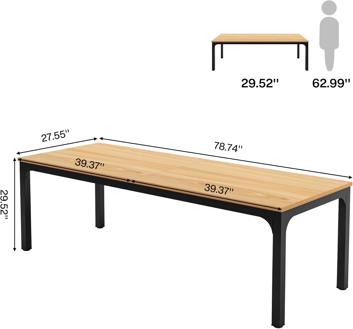 Bureau de direction rectangulaire moderne de 78 pouces, double poste de travail, avec un plateau en bois clair et des pieds en métal noir, conçu pour un usage professionnel.