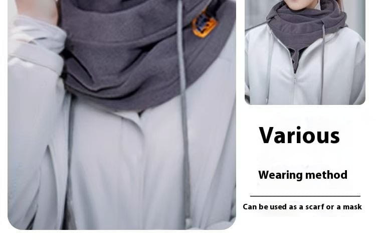 dark gray soft fabric neck warmer with a small orange logo patch designed as a windproof fleece balaclava ski mask hat.
