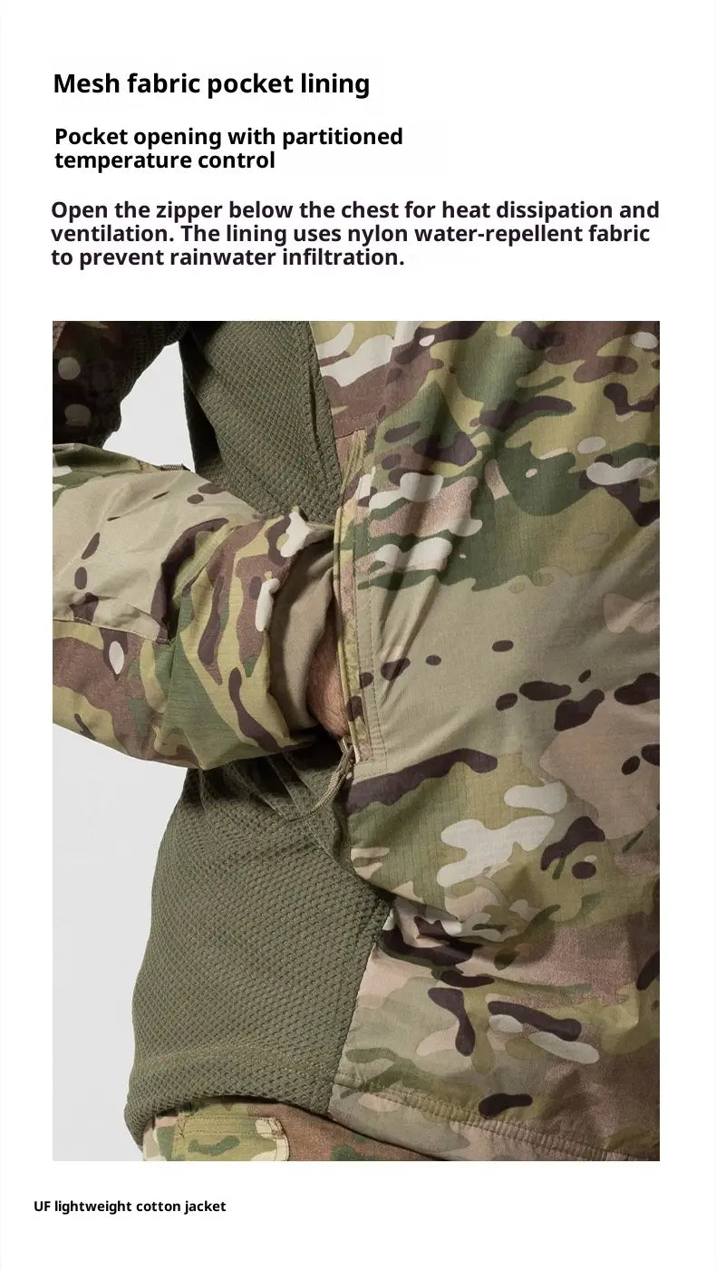 Veste tactique légère en coton softshell en motif camouflage, avec doublure de poche en tissu maille et intérieur en nylon déperlant.