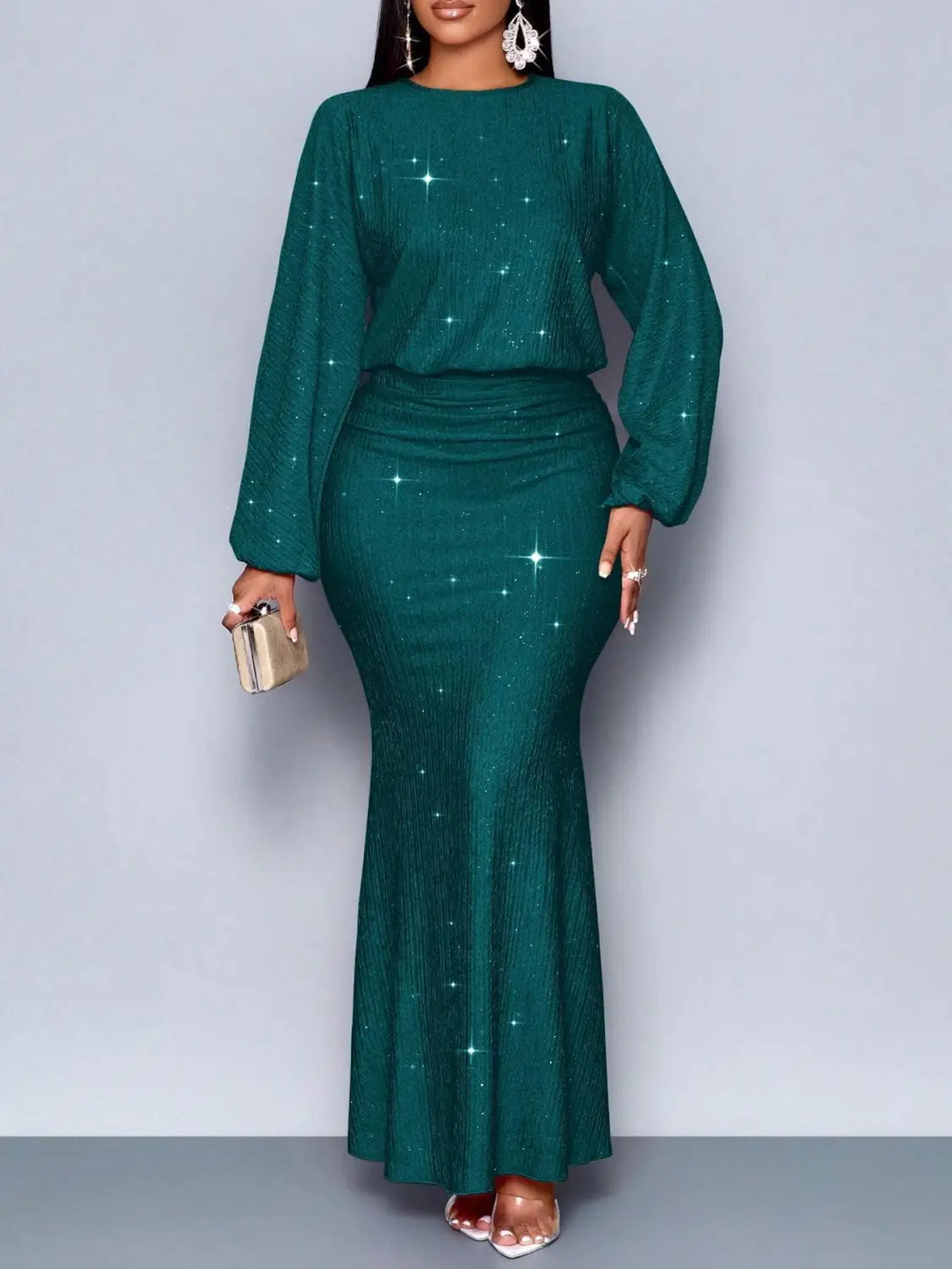 Emerald green sequin lantern sleeve two piece set featuring a fitted mermaid skirt with long sleeves.