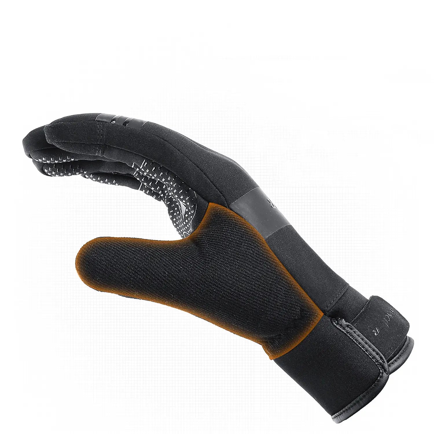 Black and orange neoprene waterproof touchscreen ski glove showing the back side with textured grip on fingers.