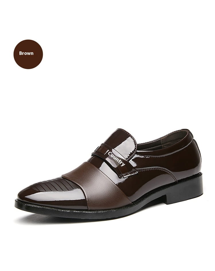 Men’s black patent leather lace-up dress shoes with glossy finish and gold-tone buckle for business and formal wear