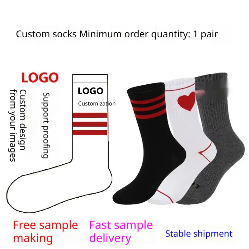 custom crew socks unisex cotton mid calf socks in black white and gray with red stripes and heart designs