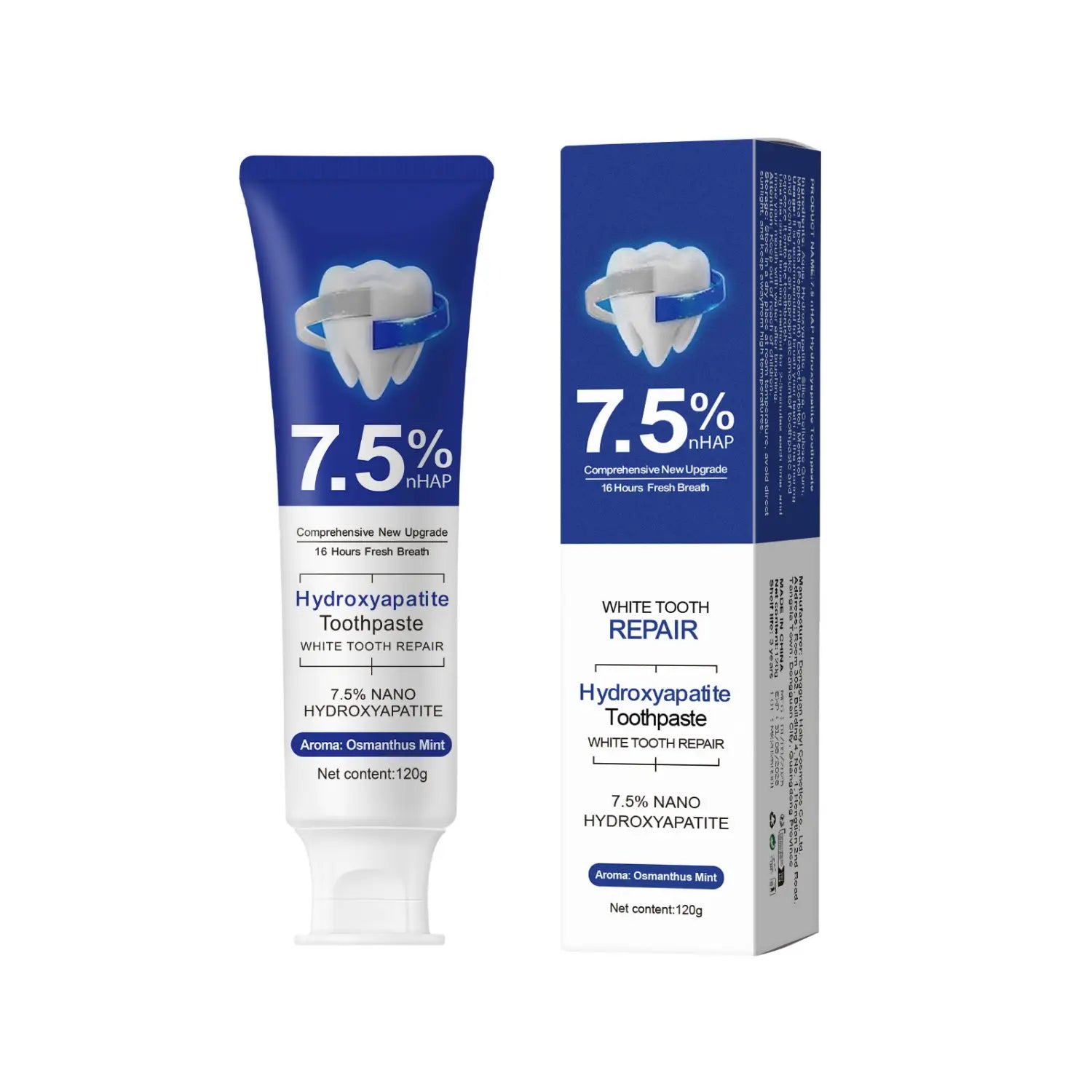 blue and white tube of hydroxyapatite toothpaste with matching box featuring 7.5% nhap for whitening repair and osmanthus mint flavor in 120g size