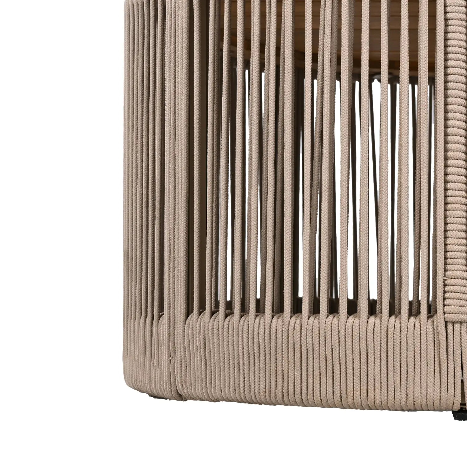 Beige woven rope side table with vertical slats and rounded base from a rustic industrial table set designed as a coffee or side table.