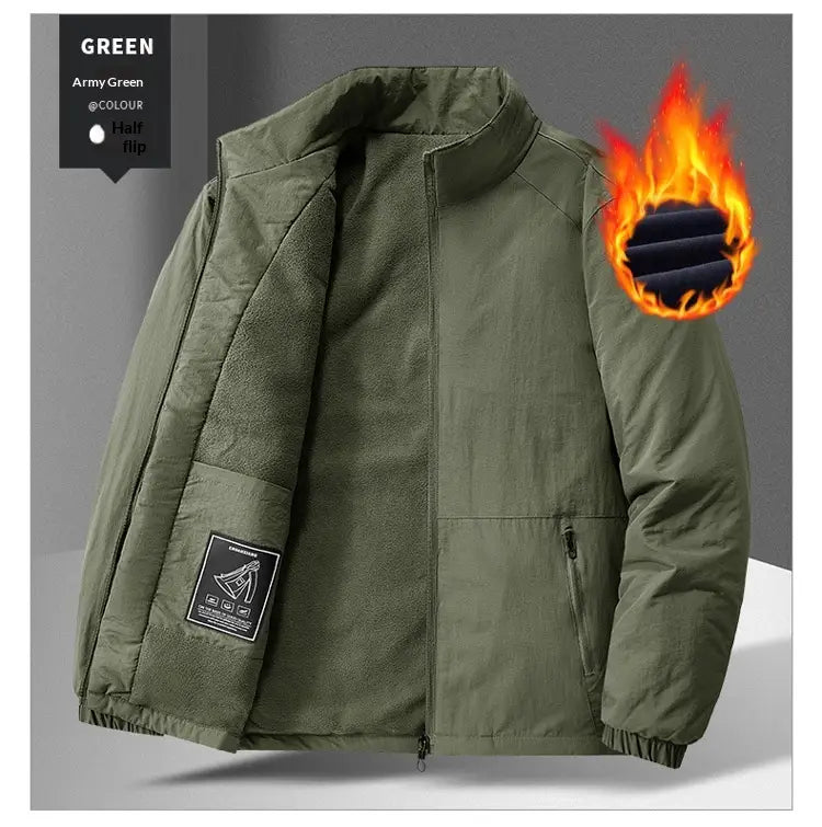 Army green quilted fleece stand collar sports jacket featuring a half-flip insulated design with fleece lining and quilted exterior.