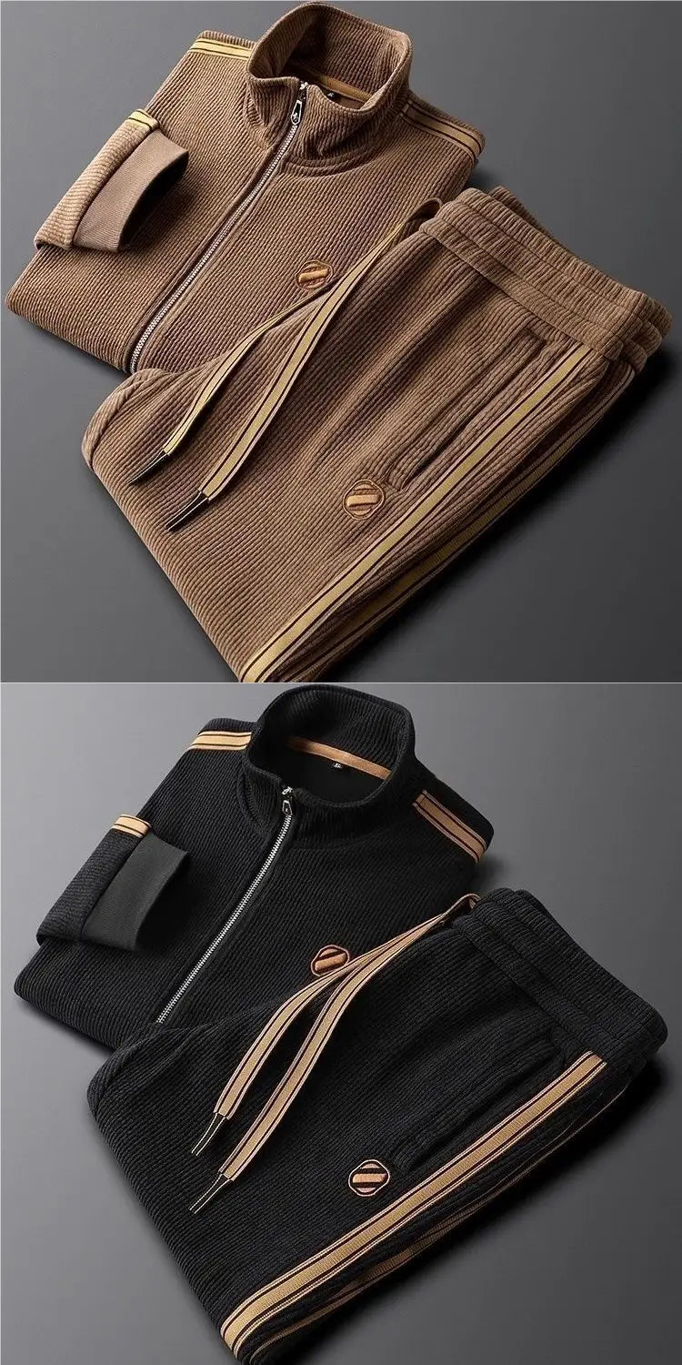 Men corduroy striped tracksuit set in brown with beige stripes and matching logo patches made from soft corduroy fabric.