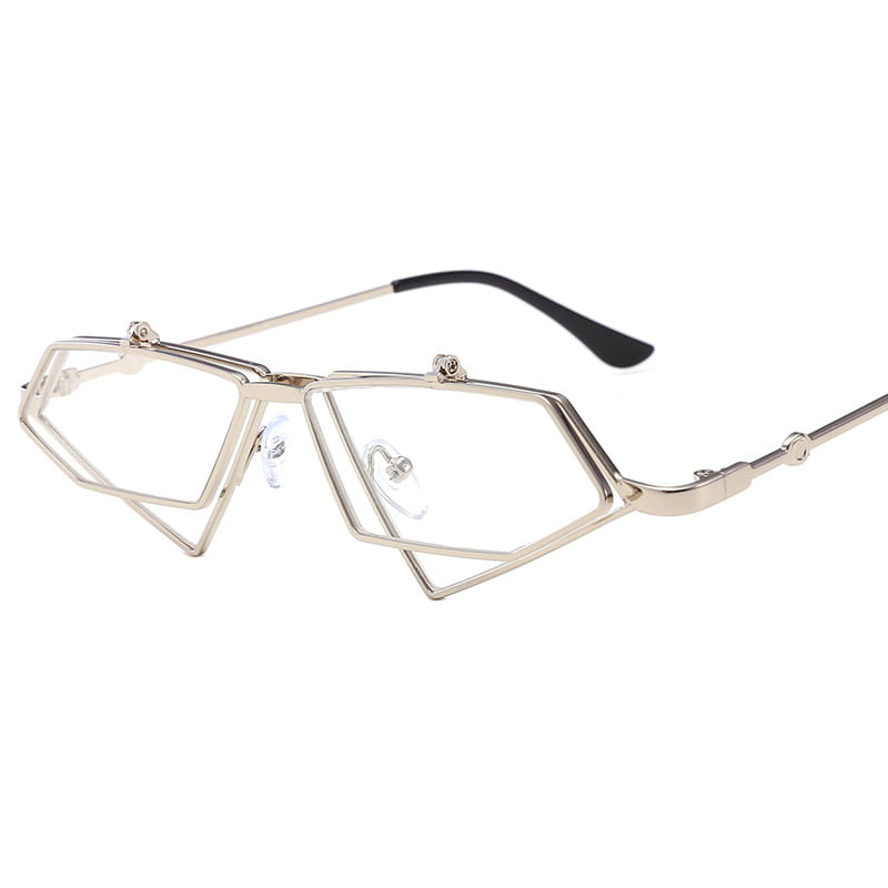 Silver geometric frame glasses with black temple tips made of metal featured in vintage geometric gold metal frame sunglasses.