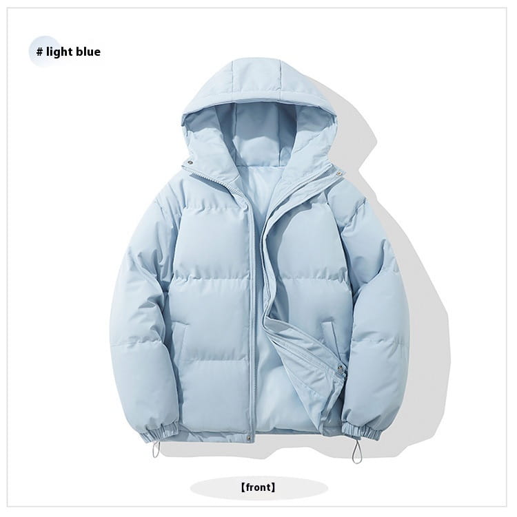 Hellblaue Damen-Kapuzensteppjacke mit wattierter Polsterung mit Stepp-Design und Isolierung für kaltes Wetter.