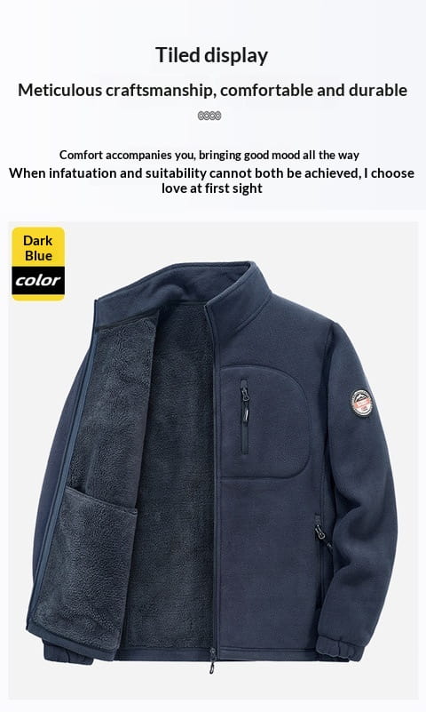 Mens fleece casual multipocket winter jacket in dark blue featuring a soft plush interior lining and subtle branding on the sleeve.