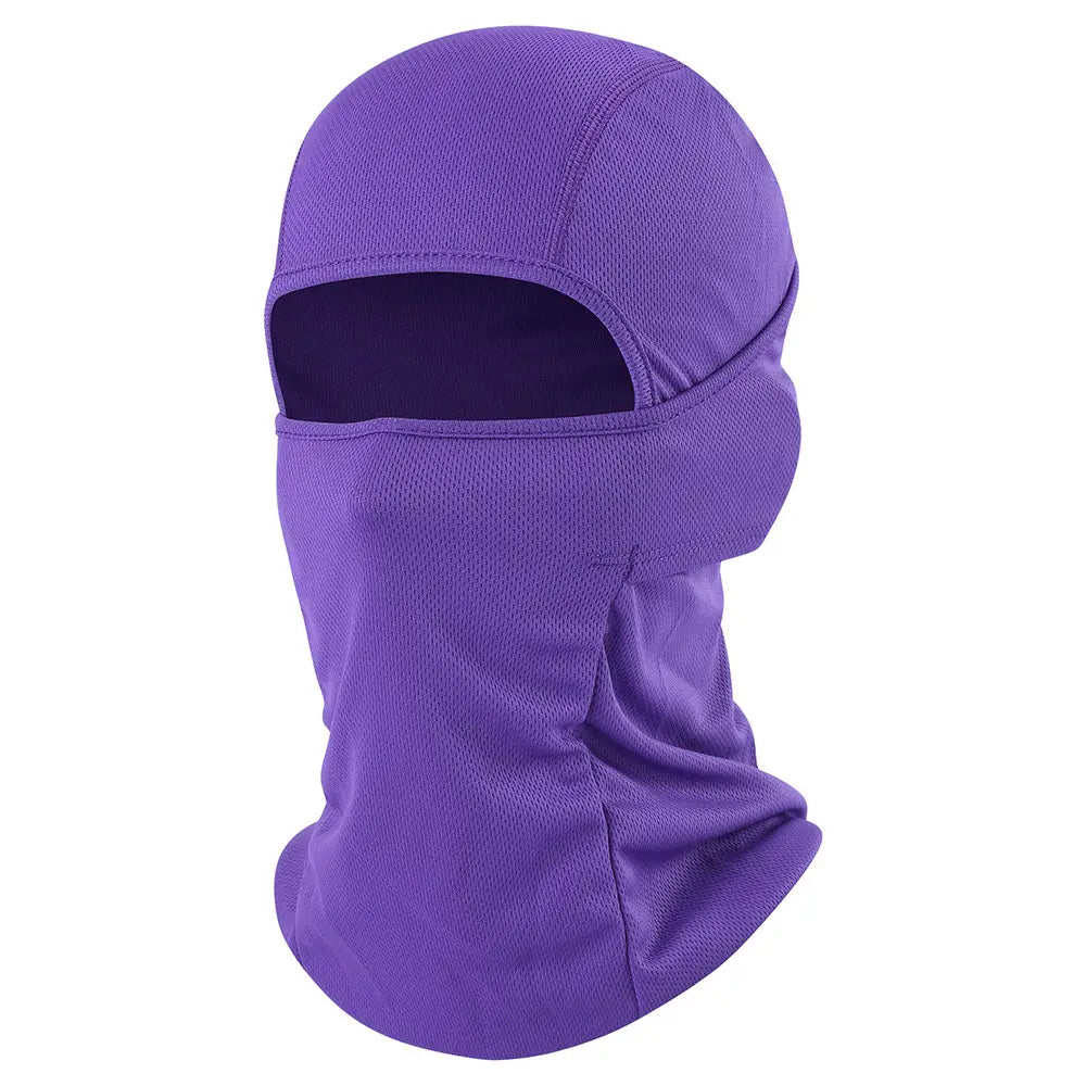 Purple breathable mesh motorcycle balaclava with eye cutout and neck opening for sun protection mask.