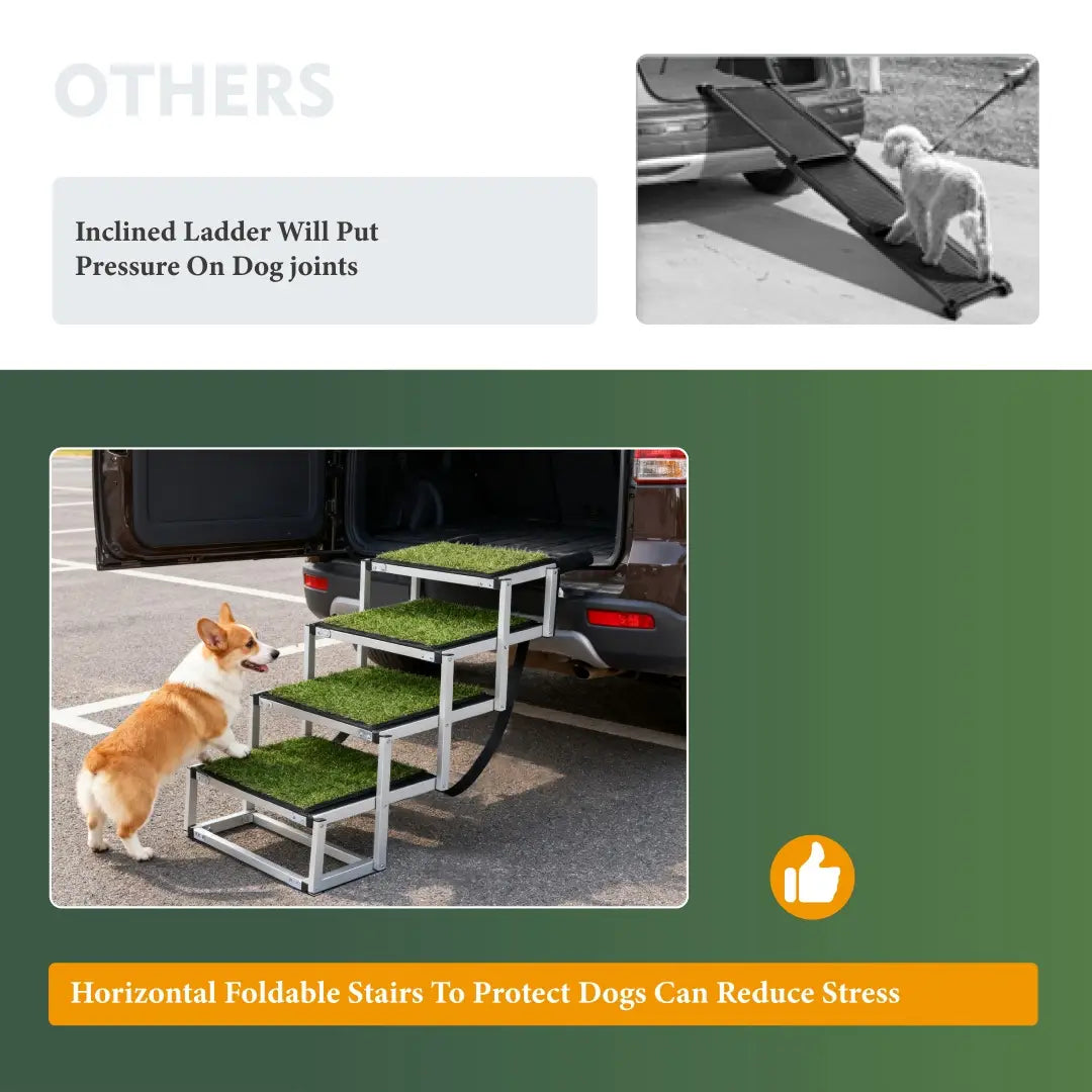 Silver-framed foldable dog ramp with three artificial green grass steps designed for cars and SUVs with a 250lb capacity