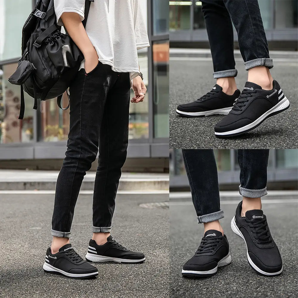 Black strong cavalry breathable mesh casual athletic sneakers with white soles and three parallel stripes on the side.