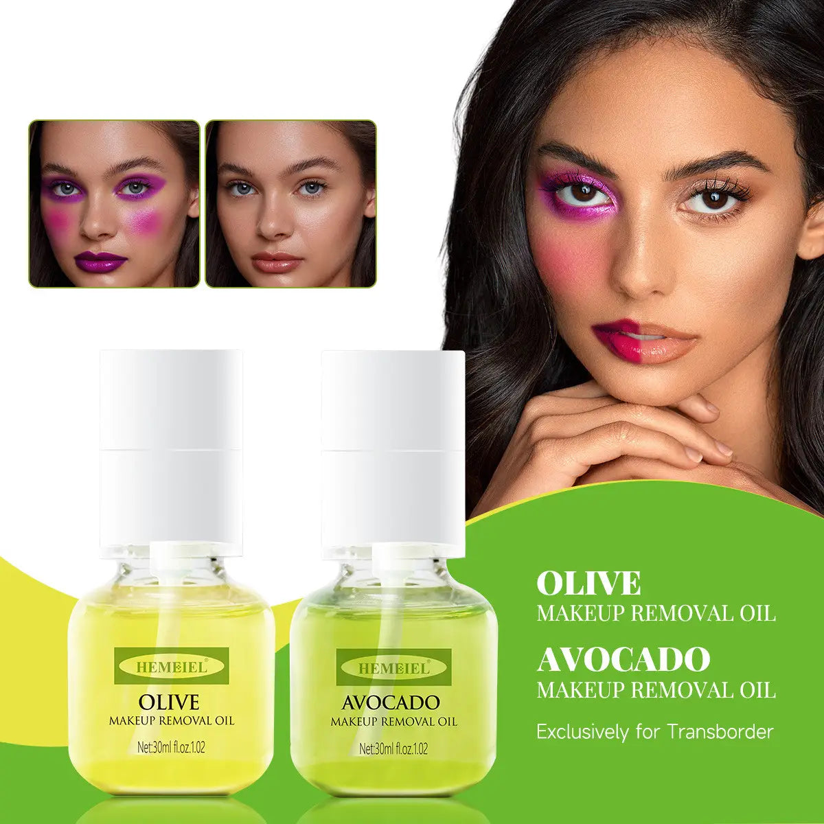 two clear glass bottles with white caps containing yellow hemeiel olive and avocado cleansing oil makeup remover displayed against a green background in 30ml size