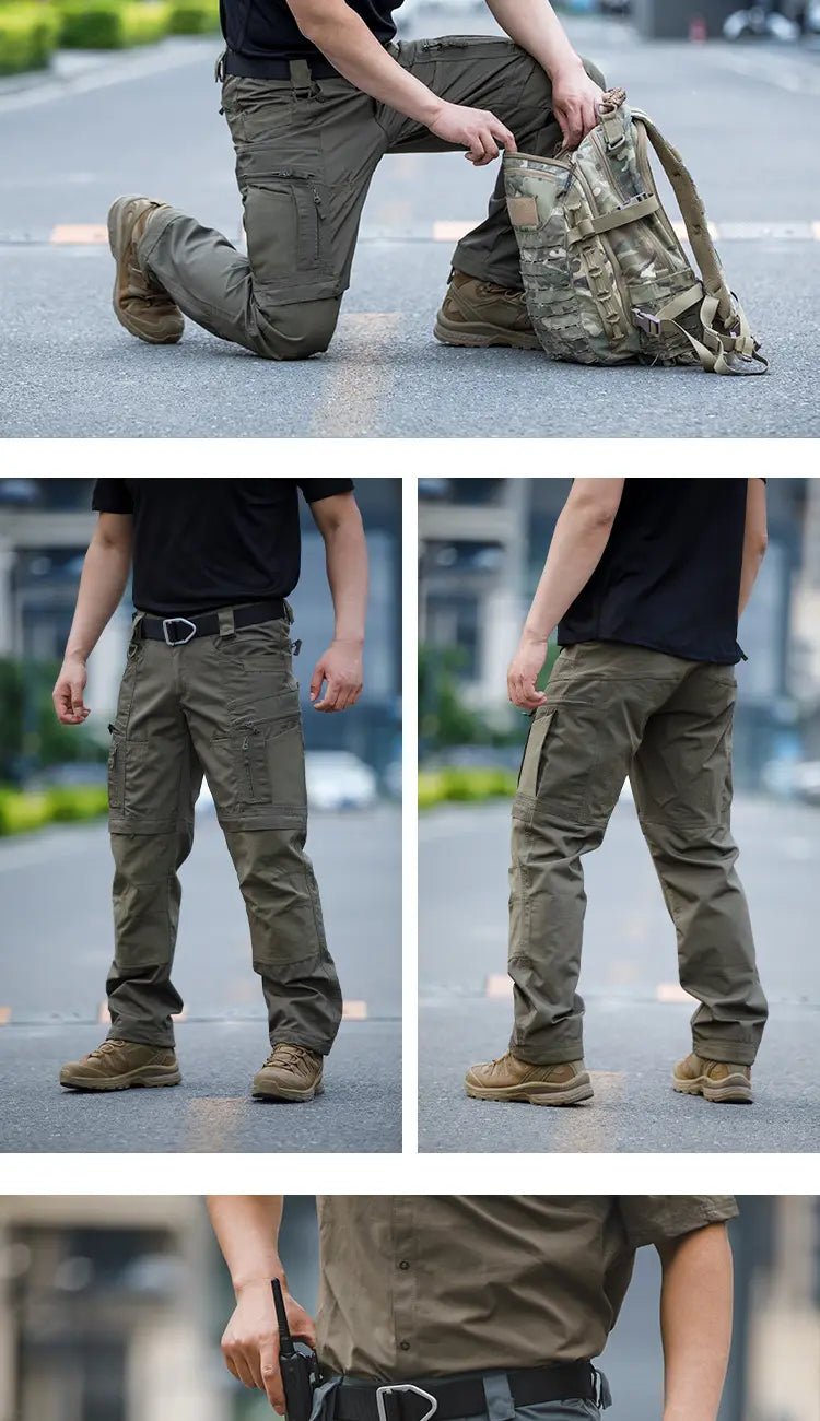 Mens waterproof tactical hiking cargo pants in olive green featuring multiple pockets and reinforced stitching for durability.