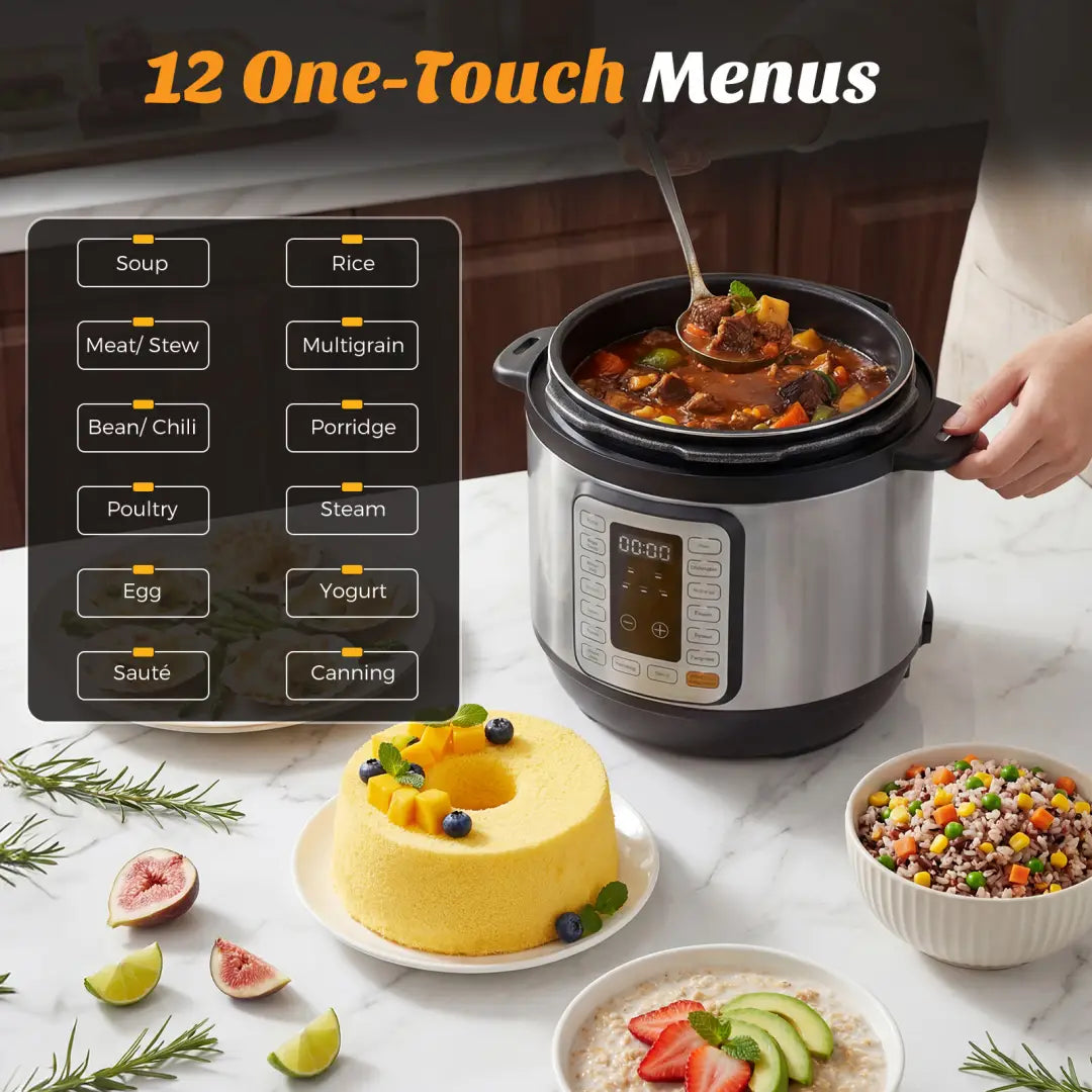 Silver and black electric pressure cooker digital multi cooker 6qt 8qt with digital control panel displaying 12 one-touch cooking menus.