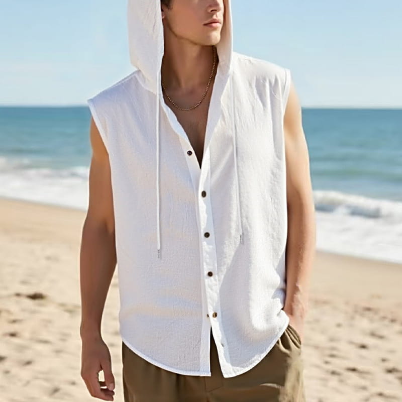 White men’s linen blend sleeveless hooded button up shirt made of lightweight fabric featuring a relaxed fit and drawstring hood.