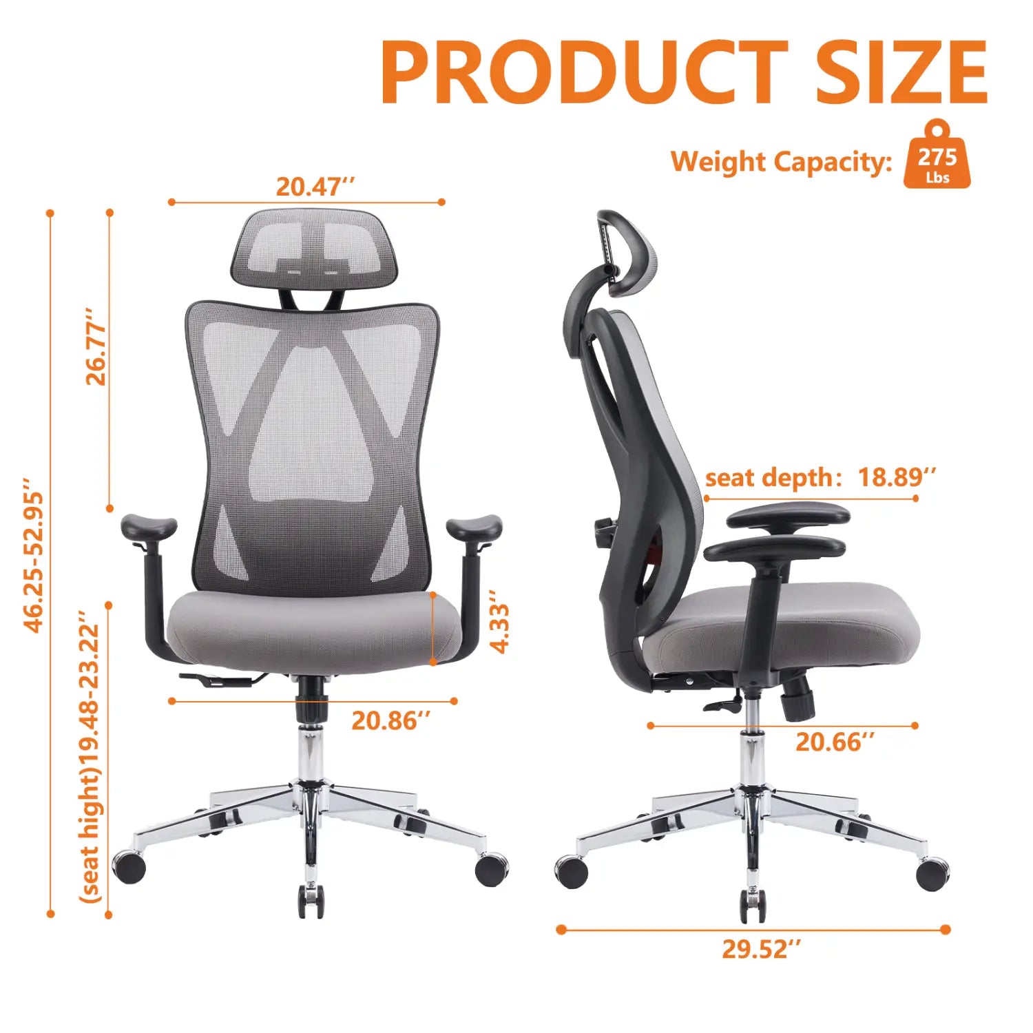 Ergonomic mesh office chair in gray mesh and black with adjustable headrest, armrests, and five-star base.