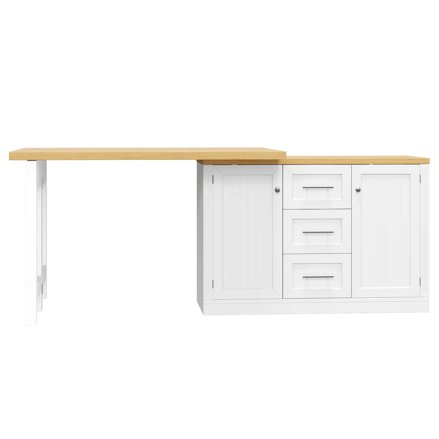 white extendable kitchen island dining table with light wood countertop and three drawers for storage