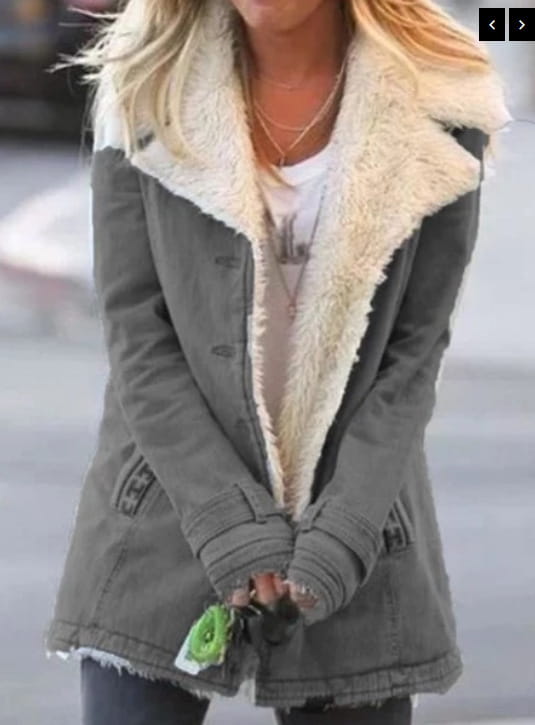 Gray denim women fleece cotton padded jacket with plush cream-colored shearling collar and frayed hem.