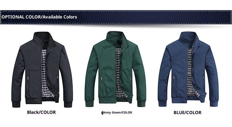 Veste bombardier légère pour homme avec fermeture éclair et doublure à carreaux, disponible en options de couleur noir, vert armée et bleu.