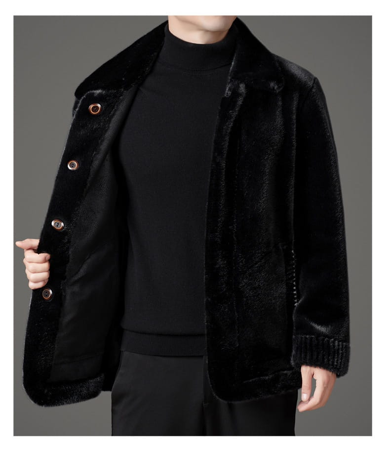 Black velvet faux fur winter coat for men with plush fur collar and cuffs and copper-toned buttons.
