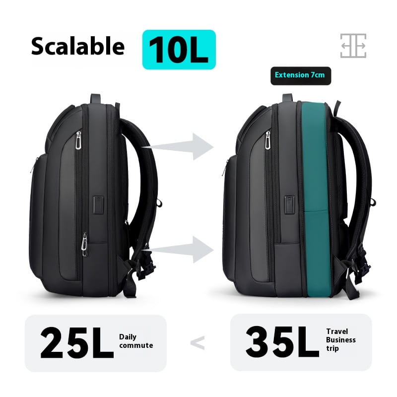 ein eleganter, erweiterbarer schwarzer und türkisfarbener Oxford-Business-Reiserucksack mit einem Anpassungssystem von 10 l bis 35 l, ausgelegt für die Aufbewahrung von Laptops.